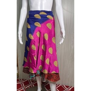 Darn Good Sari Wrap Skirt Teal Pink Blue Gold Leaf Print Size 8 20